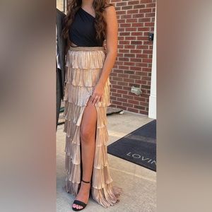 Mac Duggal Metallic One Shoulder Ruffle Tiered Gown